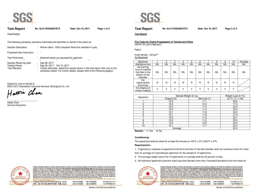 NFPA 701 certification documentation for fire retardant curtains